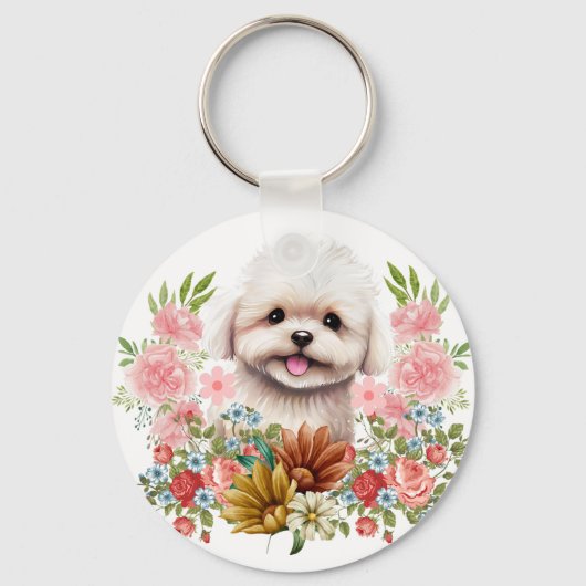 マルチーズ犬と花、かわいいマルチーズ子犬 キーホルダー (正面)