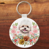 マルチーズ犬と花、かわいいマルチーズ子犬 キーホルダー (正面)