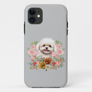 マルチーズ犬と花、かわいいマルチーズ子犬 iPhone 11 ケース
