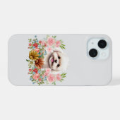 マルチーズ犬と花、かわいいマルチーズ子犬 iPhone 15ケース (裏面横)