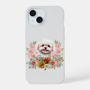 マルチーズ犬と花、かわいいマルチーズ子犬 iPhone 15ケース