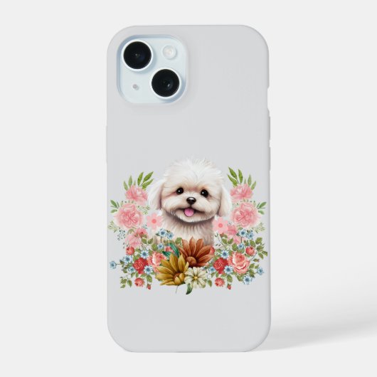 マルチーズ犬と花、かわいいマルチーズ子犬 iPhone 15ケース (裏面)