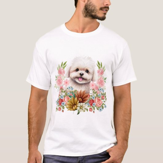 マルチーズ犬と花、かわいいマルチーズ子犬 Tシャツ (正面)