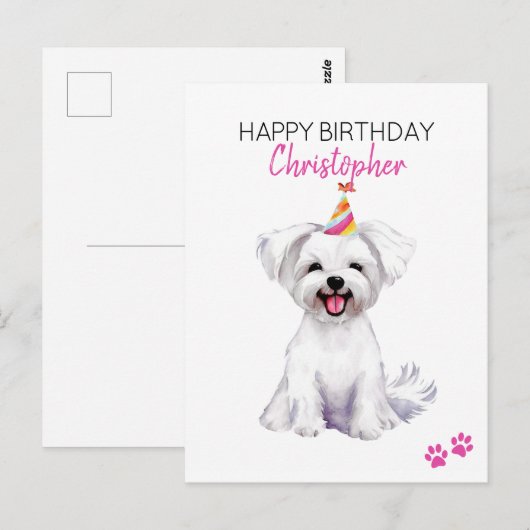 マルチーズ犬のオーダーメイド誕生日カード ポストカード (正面/裏面)