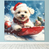 マルチーズ犬のソリで雪のクリスマス キャンバスプリント (インサイチュ (ウッドフロア))