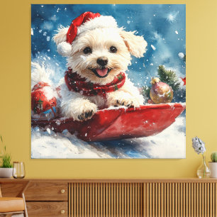 マルチーズ犬のソリで雪のクリスマス キャンバスプリント