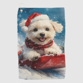 マルチーズ犬のソリで雪のクリスマス ゴルフタオル (正面)