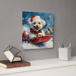 マルチーズ犬のソリで雪のクリスマス スクエア壁時計