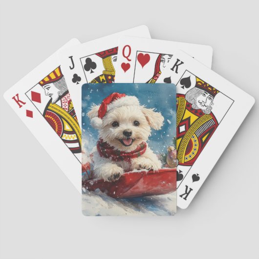 マルチーズ犬のソリで雪のクリスマス トランプ (裏面)