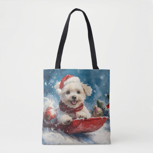 マルチーズ犬のソリで雪のクリスマス トートバッグ (正面)