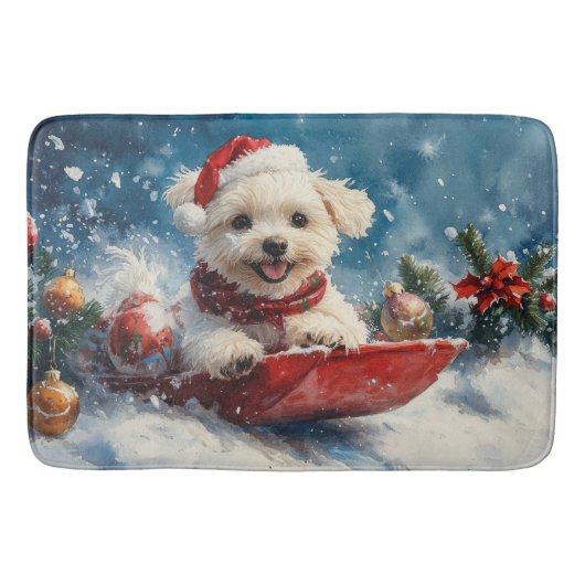 マルチーズ犬のソリで雪のクリスマス バスマット (正面)
