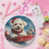マルチーズ犬のソリで雪のクリスマス ペーパープレート (パーティー)