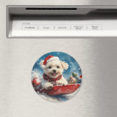 マルチーズ犬のソリで雪のクリスマス マグネット (インサイチュ (食洗機))