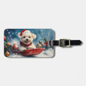 マルチーズ犬のソリで雪のクリスマス ラゲッジタグ (正面横)