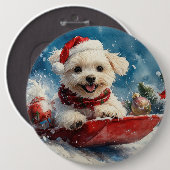 マルチーズ犬のソリで雪のクリスマス 缶バッジ (正面&裏面)