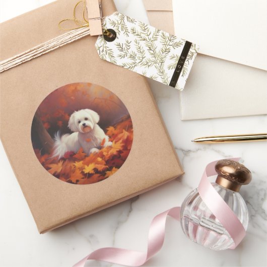 マルチーズ紅葉秋インスパイア ラウンドシール (ギフト)