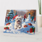 マルチーズ走ドッグの雪とクリスマスハット カード (正面)