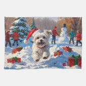 マルチーズ走ドッグの雪とクリスマスハット キッチンタオル (横)
