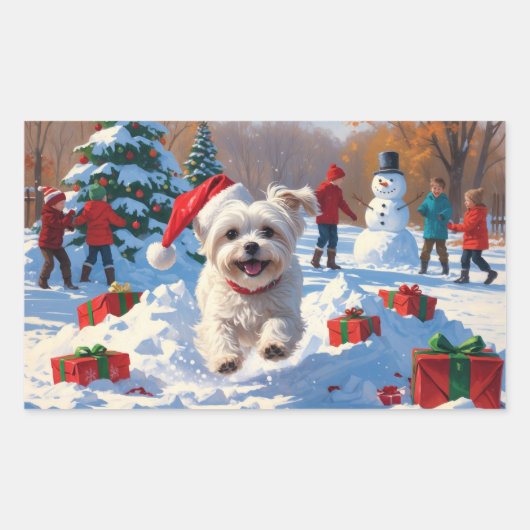 マルチーズ走ドッグの雪とクリスマスハット 長方形シール (正面)