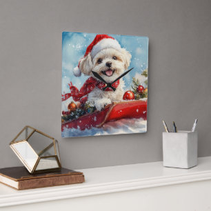 マルチーズ+ツー そりに乗った犬 雪を降らせて クリスマス スクエア壁時計