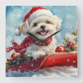 マルチーズ+ツー そりに乗った犬 雪を降らせて クリスマス スクエア壁時計 (正面)