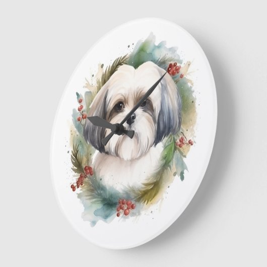 マルチーズ+ツー+クリスマスリースの祭りの仔犬 ラージ壁時計 (傾斜)