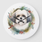 マルチーズ+ツー+クリスマスリースの祭りの仔犬 ラージ壁時計 (正面)