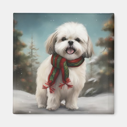 マルチーズ+ツー+犬+雪+クリスマス マグネット (正面)