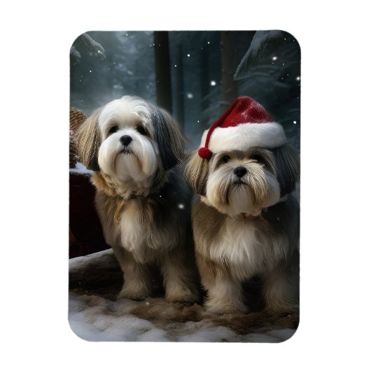 マルチーズ+ツー 雪のソリ クリスマスの飾り マグネット (縦)