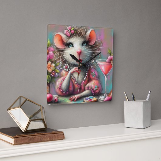 マルテかわいらしニを熟考しているネズミの女性 スクエア壁時計 (オフィス)