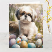 マルティチドッグとイースターエッグホリデー カード (黄色い花)