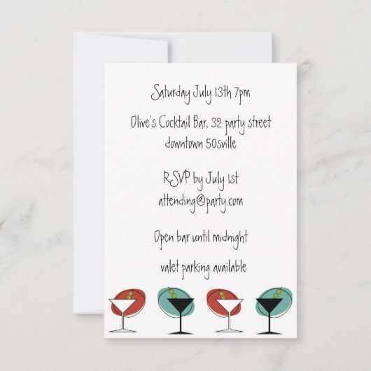 マルティニガラスデザイン誕生日またはパーティの招待状 (裏面)