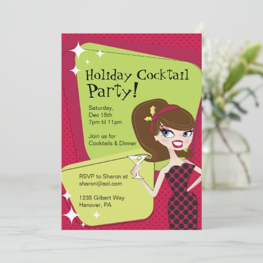 マルティーニを持つ休日のカクテルパーティーのレトロの女性 招待状 (スタンド正面)