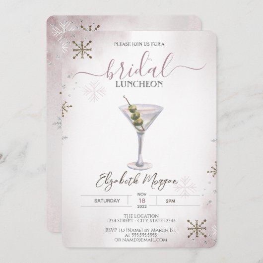 マルティーニ、カクテル、スノーフレークブライダルランチョン 招待状 (正面/裏面)