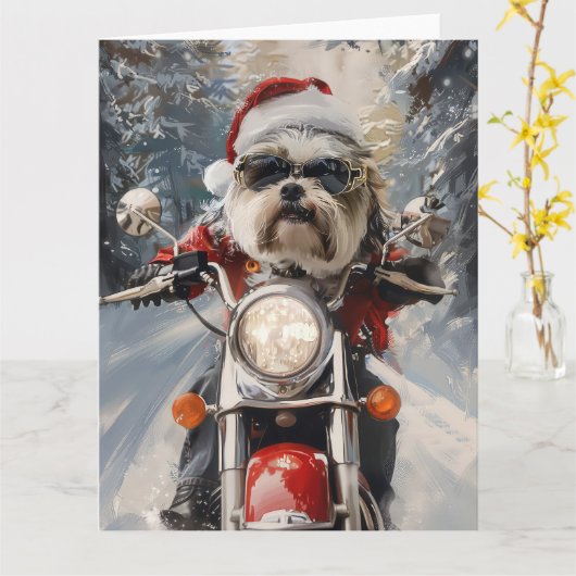 マルティTzu犬オートバイクリスマスに乗る カード (黄色い花)