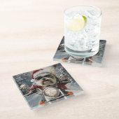 マルティTzu犬オートバイクリスマスに乗る ガラスコースター (アングル)