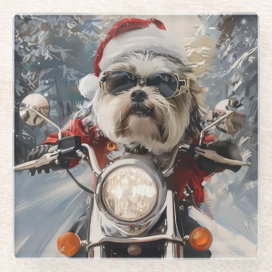 マルティTzu犬オートバイクリスマスに乗る ガラスコースター (正面)