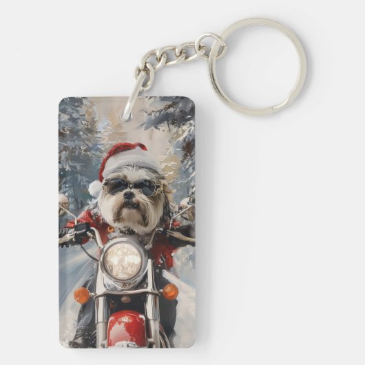 マルティTzu犬オートバイクリスマスに乗る キーホルダー (裏面)