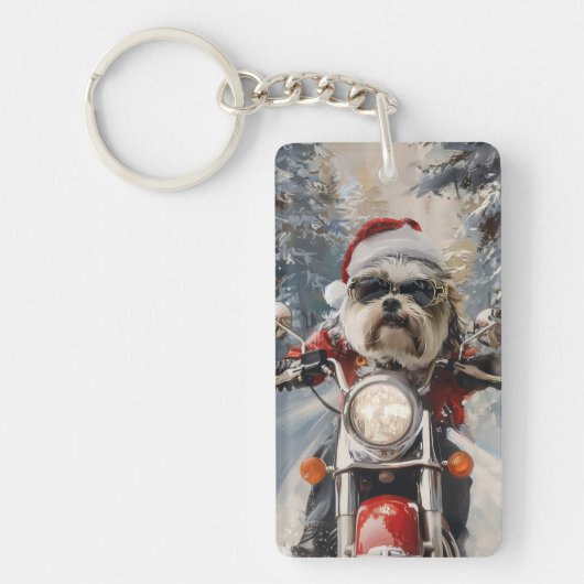 マルティTzu犬オートバイクリスマスに乗る キーホルダー (正面)