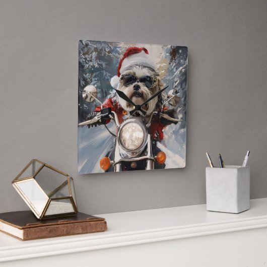 マルティTzu犬オートバイクリスマスに乗る スクエア壁時計 (オフィス)