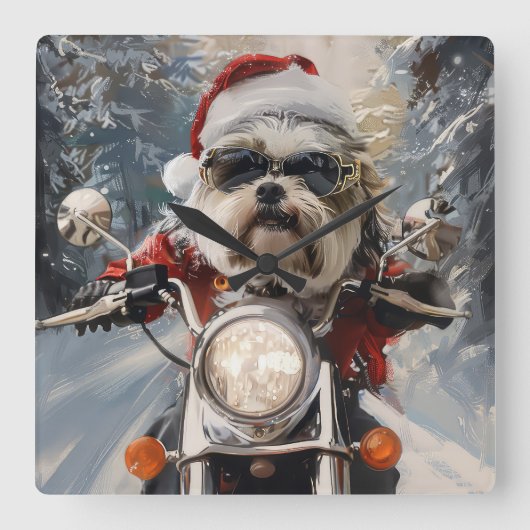 マルティTzu犬オートバイクリスマスに乗る スクエア壁時計 (正面)