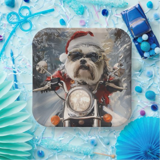 マルティTzu犬オートバイクリスマスに乗る ペーパープレート (パーティー)