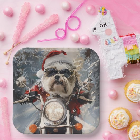マルティTzu犬オートバイクリスマスに乗る ペーパープレート (パーティー)