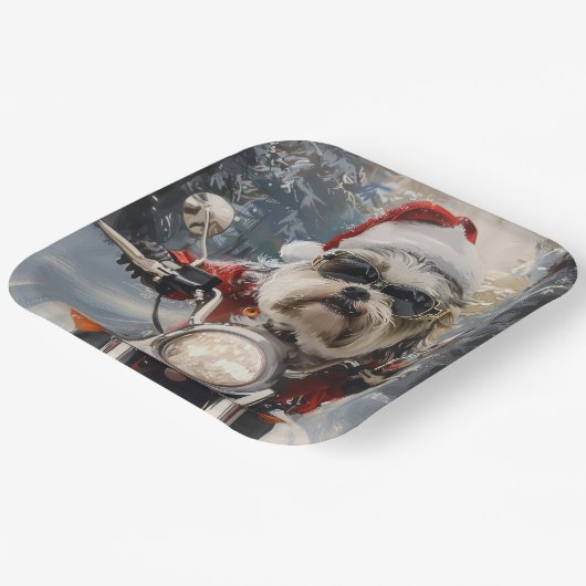 マルティTzu犬オートバイクリスマスに乗る ペーパープレート (傾斜あり)