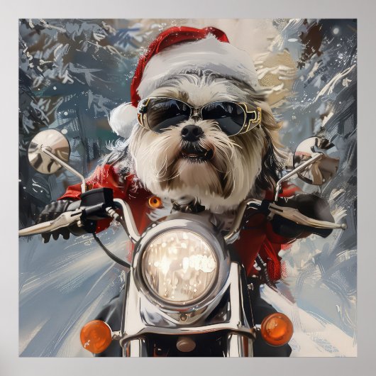 マルティTzu犬オートバイクリスマスに乗る ポスター (正面)