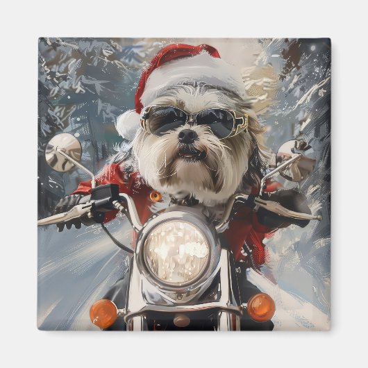 マルティTzu犬オートバイクリスマスに乗る マグネット (正面)