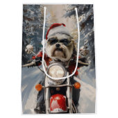 マルティTzu犬オートバイクリスマスに乗る ミディアムペーパーバッグ (裏面)