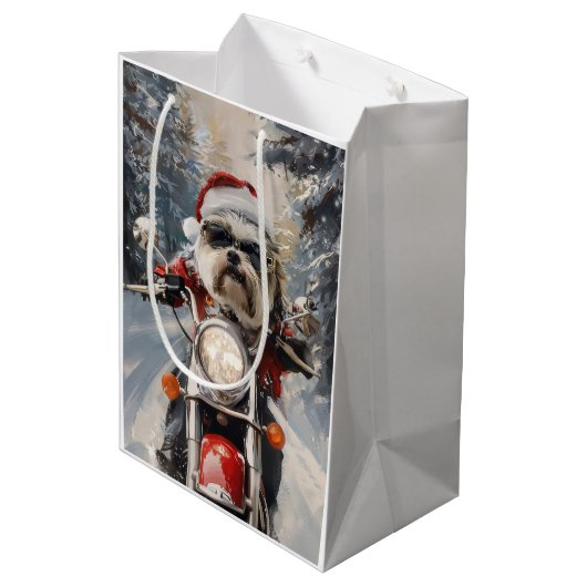 マルティTzu犬オートバイクリスマスに乗る ミディアムペーパーバッグ (裏面アングル)