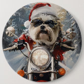 マルティTzu犬オートバイクリスマスに乗る 缶バッジ (正面)