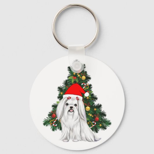 マルテーズのクリスマス　サンタ帽を被ったマルテーズのクリスマス犬 キーホルダー (正面)